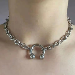 Hip Hop Punk Sliver Color Stainless Steel Geometry Pendant Chunky Chain Choker Necklace For Men Women Gothic Y2K Grunge Jewelry