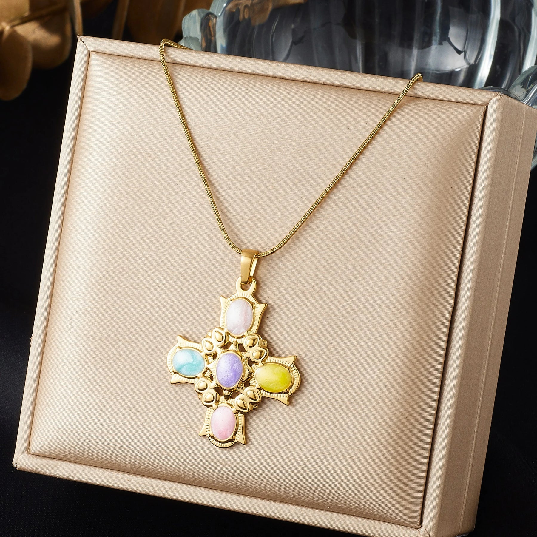 DIEYURO Multicolor Pastel Enamel Heart Cross Sun Floral Pendant Necklace Collection Lady Stainless Steel Waterproof Jewelry Gift