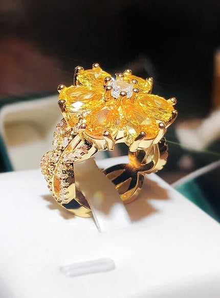 💋 New Women's Ring Yellow Zircon Flower - Silver Plated