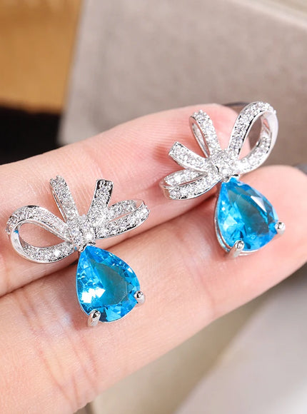 KissIcon Exquisite Blue Zircon Bow Earrings Silver Plated