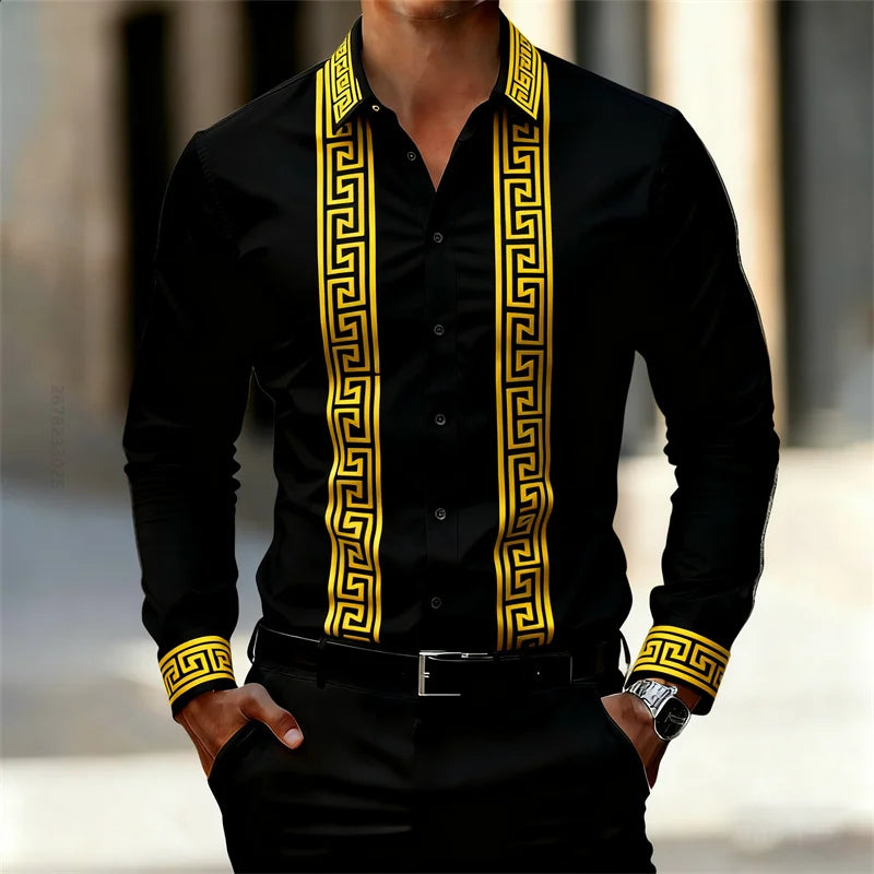 Men's Retro Geometric Print Shirt, Stylish Long-Sleeve Black Shirt, Business Casual Men's Top, Multiple Colors Available, XS-6XL