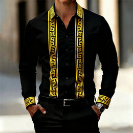 Men's Retro Geometric Print Shirt, Stylish Long-Sleeve Black Shirt, Business Casual Men's Top, Multiple Colors Available, XS-6XL