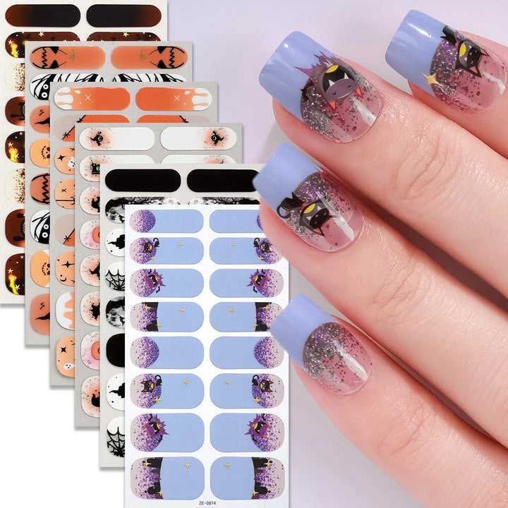 16tips Halloween Full Cover Nail Polish Strips Ghost Spider Pumpkin Black Cat Adhesive Nail Wraps Manicure Decor Nail Sticker