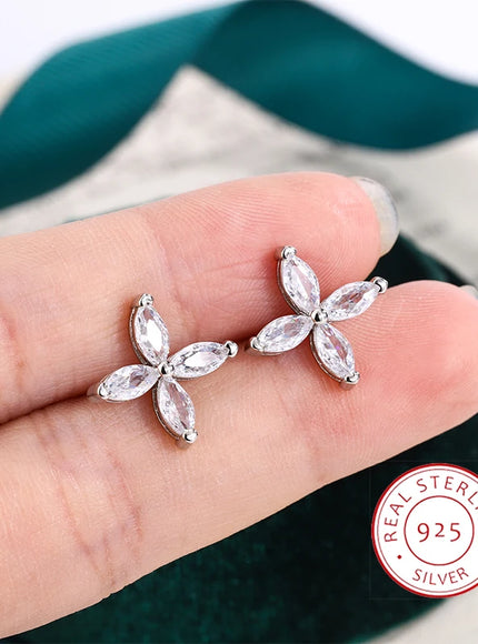 KissIcon Clover Stud Earrings Lightweight Silver CZ