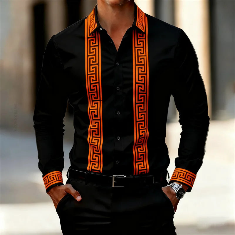 Men's Retro Geometric Print Shirt, Stylish Long-Sleeve Black Shirt, Business Casual Men's Top, Multiple Colors Available, XS-6XL