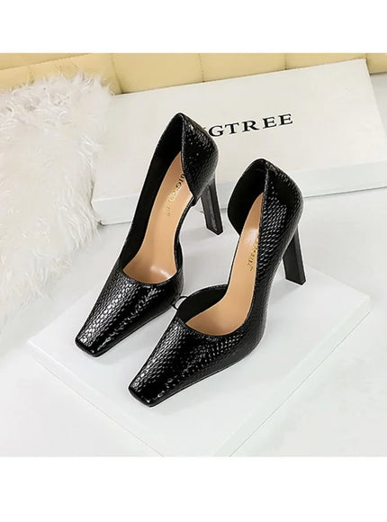 Woman Vintage Snake Print Pumps Square Toe Patent