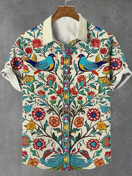 Summer Men's Printed Short Sleeve Shirt Vintage Linen Shirt Men's Festival Casual Short Sleeve Top Street Trend Fast Delivery