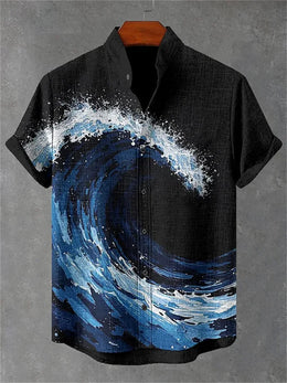 Men's short-sleeved shirt, samurai ink painting print, loose and breathable casual top, trendy retro design Hawaiian shirt.