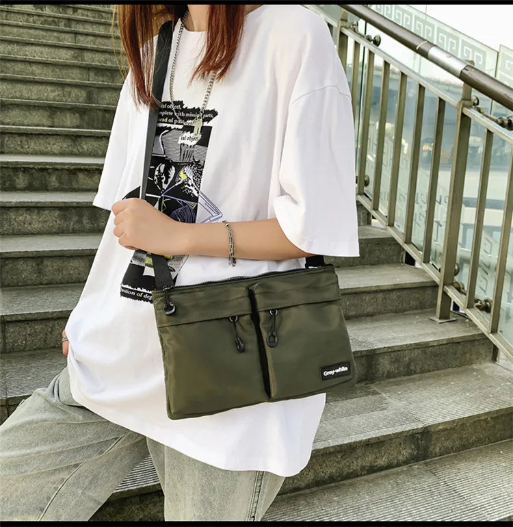 Casual Sporty Black Crossbody Bag Men's Messenger Bag Green Cloth Small Square Bag Suitable for Work Versatile Shoulder Bag