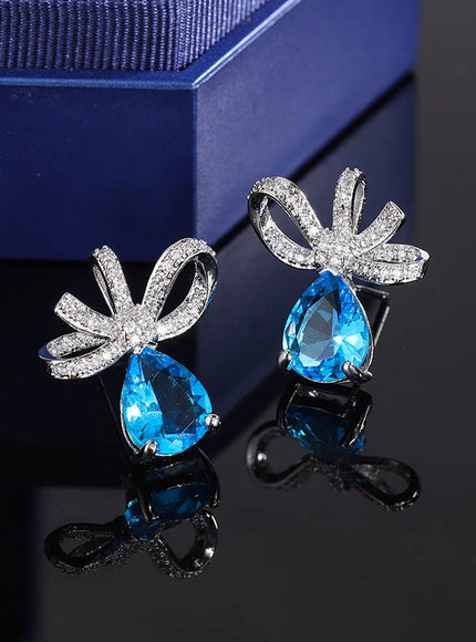 KissIcon Exquisite Blue Zircon Bow Earrings Silver Plated