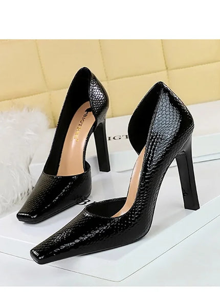 Woman Vintage Snake Print Pumps Square Toe Patent