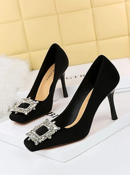 Fashion Women High Heels Metal Rhinestone Buckle Square