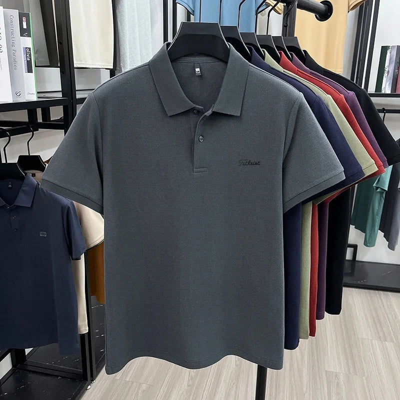 Men's Summer New Cotton 100% Short-Sleeved Polo Shirt, Collar Brand Printed T-Shirt, Breathable Casual Business Men's Clothing