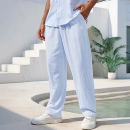 Men's Cotton Linen Pants Straight Leg Lightweight Breathable Comfortable Trousers Beach Style Solid Color Casual Cozy Sweatpants