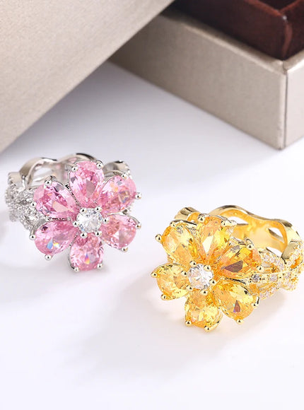 KissIcon Zircon Ring Pink Flower Peach 925 - Elegant Bloom