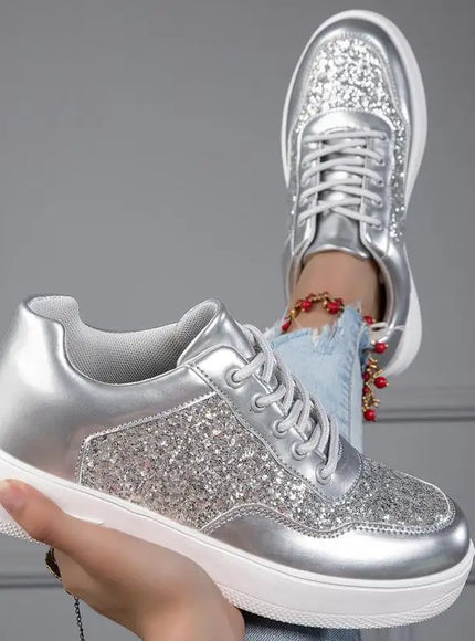 Shiny Silver Women Casual Shoes Leather Platform Sports Shoes Woman Glitter Bling Sneakers Black Flat Sneakers Skateboard Shoes