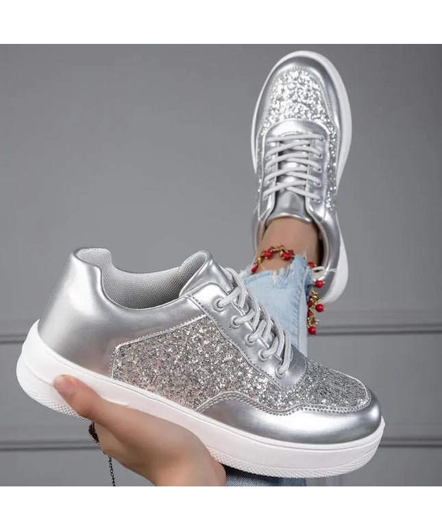Shiny Silver Women Casual Shoes Leather Platform Sports Shoes Woman Glitter Bling Sneakers Black Flat Sneakers Skateboard Shoes