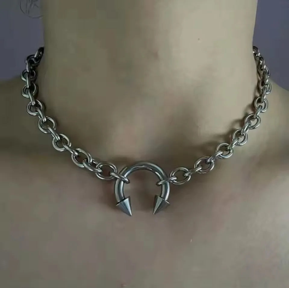 Hip Hop Punk Sliver Color Stainless Steel Geometry Pendant Chunky Chain Choker Necklace For Men Women Gothic Y2K Grunge Jewelry