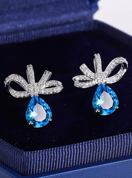 KissIcon Exquisite Blue Zircon Bow Earrings Silver Plated