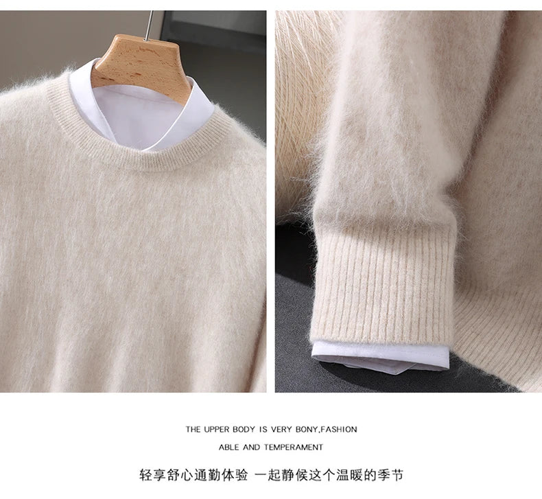 Autumn Winter New Men's Sweater Round Neck Loose Pullover Knitted Sweater Casual Solid Color Thickened 100% Mink Cashmeresweater