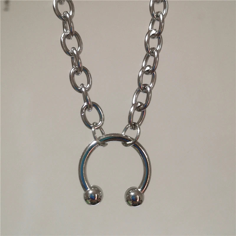 Hip Hop Punk Sliver Color Stainless Steel Geometry Pendant Chunky Chain Choker Necklace For Men Women Gothic Y2K Grunge Jewelry