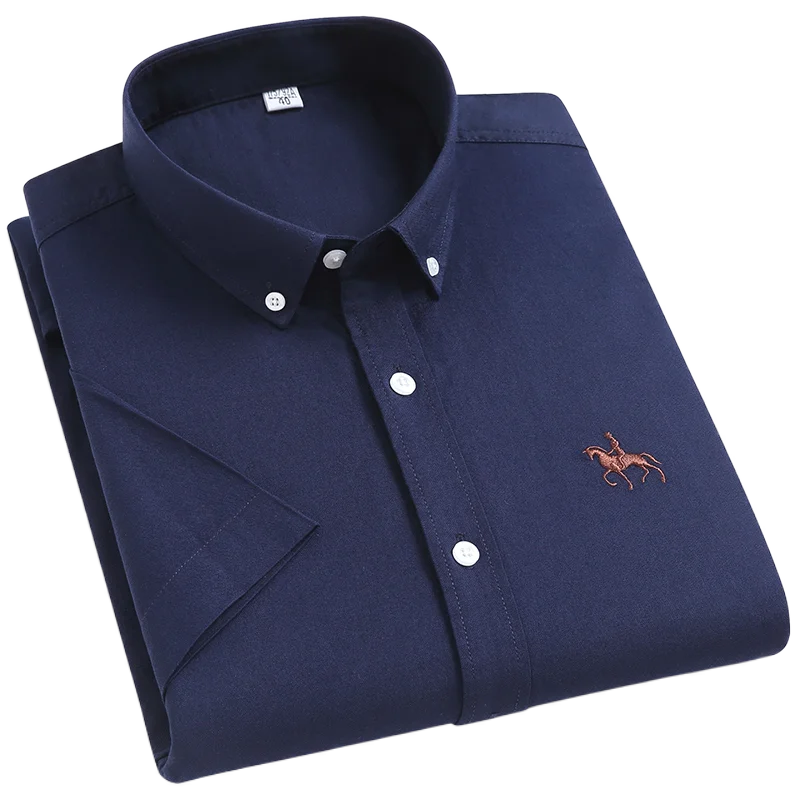 100% Cotton Oxford Shirt Men's Summer short sleeved Sleeve Embroidered Horse Casual Without Pock et Solid Shirt Plus Size S-6XL