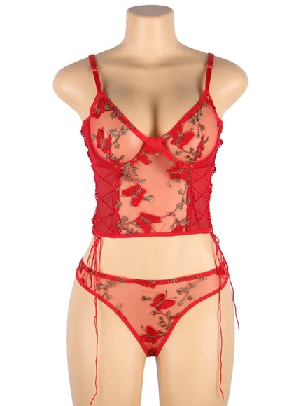 Plus Size Romantic Butterfly Women Bra and Panties Erotic Embroidery Underwear Set Erotic Sexy Lingerie Set