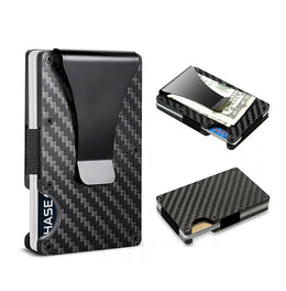 Minimalist  Wallet for Men, Money Clip Cash Strap Wallet, RFID Blocking Metal Wallet Aluminum Card Holder(Carbon Fiber)