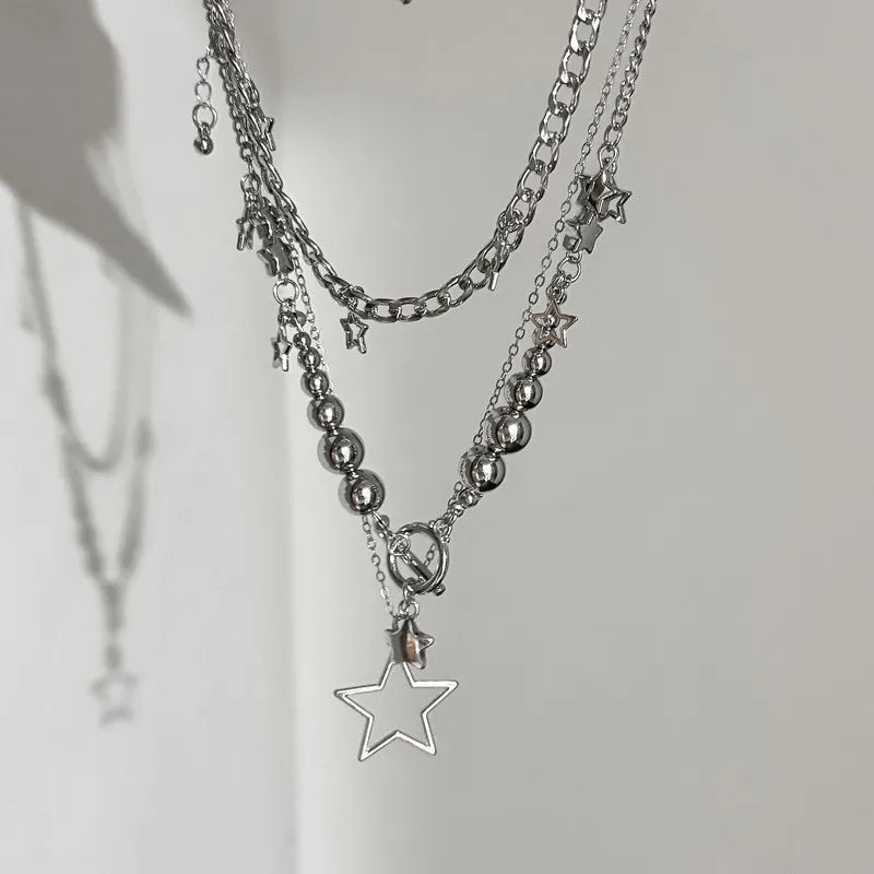 Women's Trendy Y2K Vintage Goth Star Pendant Necklace Multi Layered Simple Metal Chain Charm Statement Jewelry Gift