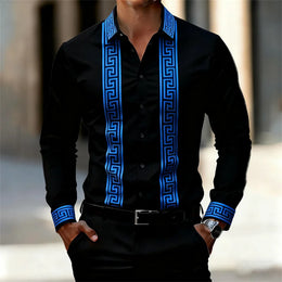 Men's Retro Geometric Print Shirt, Stylish Long-Sleeve Black Shirt, Business Casual Men's Top, Multiple Colors Available, XS-6XL