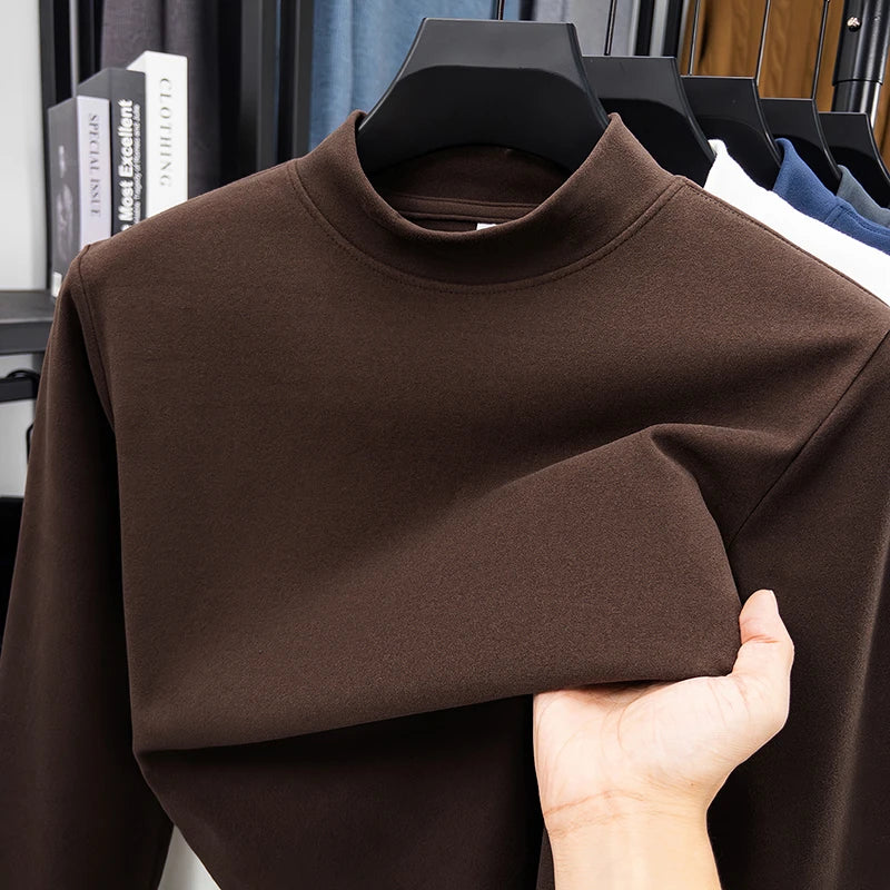 2026 New Men's Casual Solid Color High Collar Velvet Long Sleeve T-shirt Spring and Autumn Versatile Comfortable Top