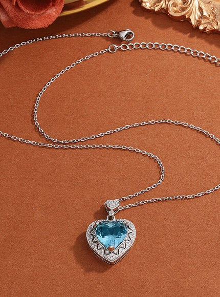Blue Heart Zircon Pendant Necklace Sparkling 925 Silver Gift