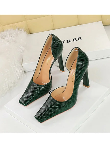 Woman Vintage Snake Print Pumps Square Toe Patent