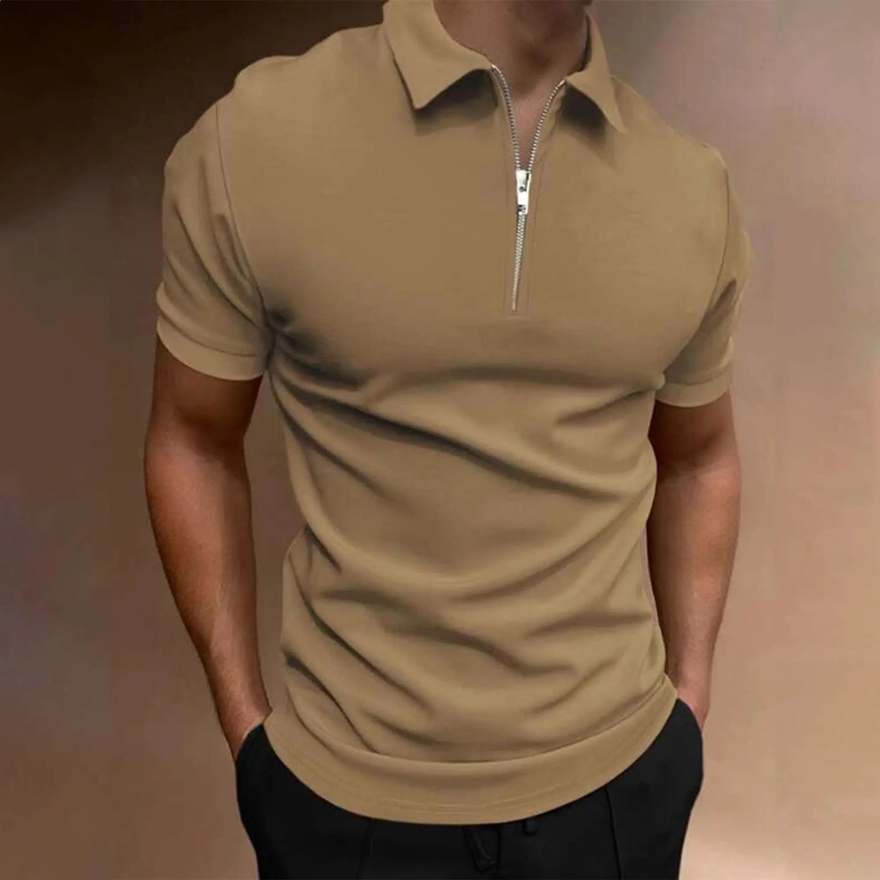 Men's polo shirt solid color short-sleeved zipper lapel T-shirt casual top