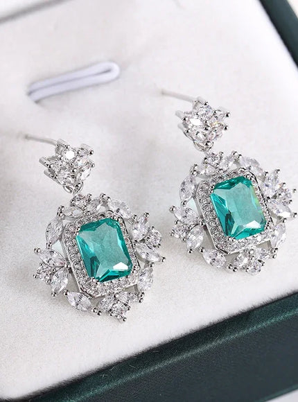 KissIcon Silver Plated Earrings - Green Blue Zircon Sparkle