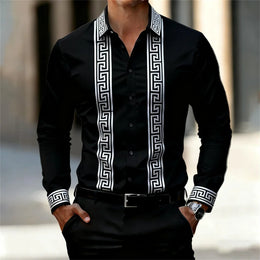 Men's Retro Geometric Print Shirt, Stylish Long-Sleeve Black Shirt, Business Casual Men's Top, Multiple Colors Available, XS-6XL