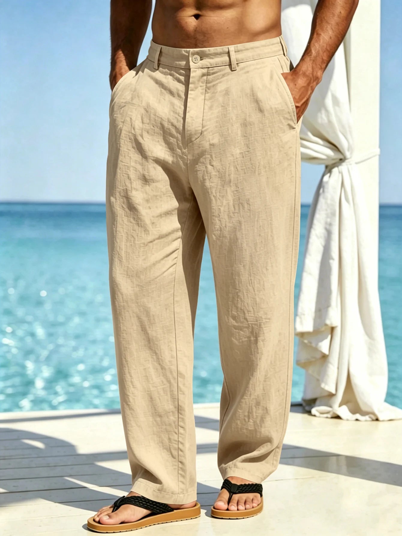 New Summer Men's Breathable, Smooth Linen Wide-Leg Straight Casual Trousers For Beach, Travel And Vacation