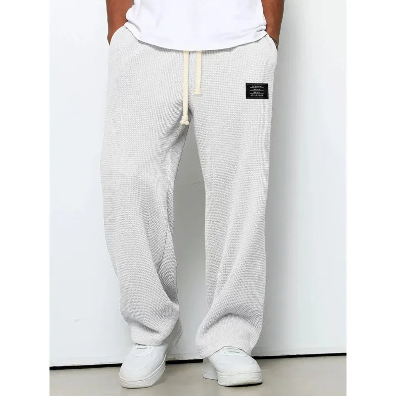 American Style Men's Waffle Textured Wide Leg Sweatpants Drawstring Elastic Waist Casual Loose Fit Streetwear Joggers