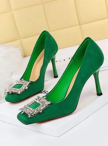 Fashion Women High Heels Metal Rhinestone Buckle Square