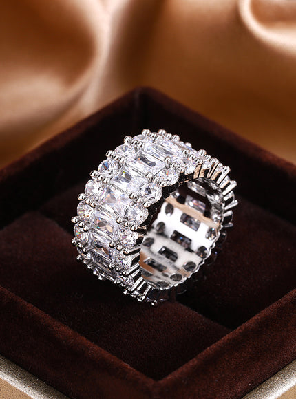 KissIcon S925 Silver Plated Colorful Big Band Ring - Zircon