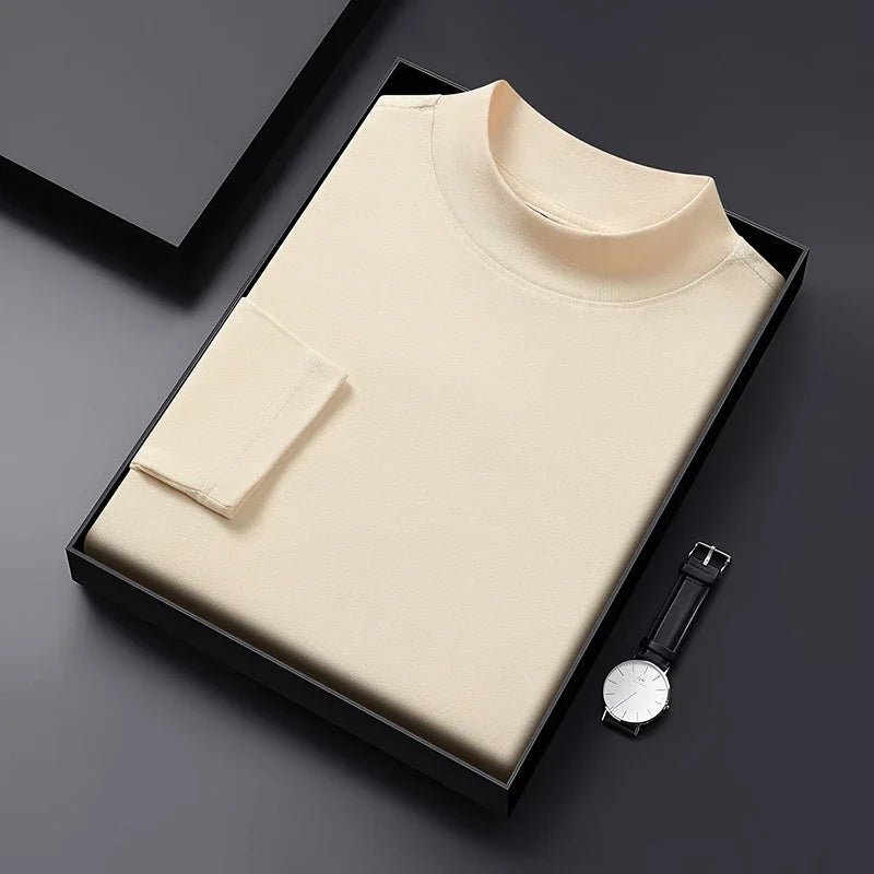 2026 New Men's Casual Solid Color High Collar Velvet Long Sleeve T-shirt Spring and Autumn Versatile Comfortable Top