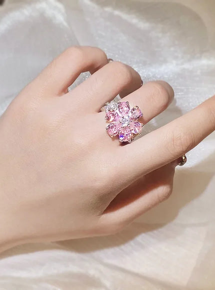 KissIcon Zircon Ring Pink Flower Peach 925 - Elegant Bloom