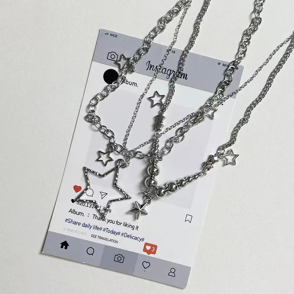 Women's Trendy Y2K Vintage Goth Star Pendant Necklace Multi Layered Simple Metal Chain Charm Statement Jewelry Gift