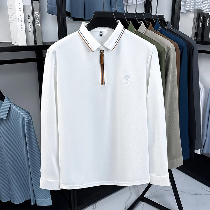 Men's Cotton Long Sleeved T-shirt with Collar Polo Shirt High-end Embroidered Top Autumn Loose Base Shirt