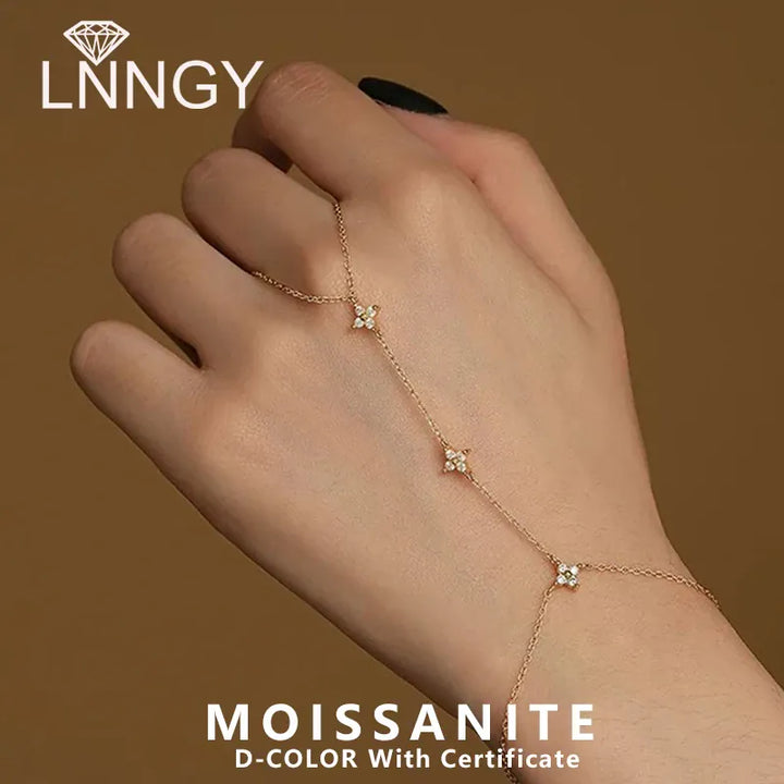 Lnngy Certified Moissanite Bracelet With Ring 925 Sterling Silver Four Leaf Flower Finger Bracelet For Women Hand Chain Jewelry