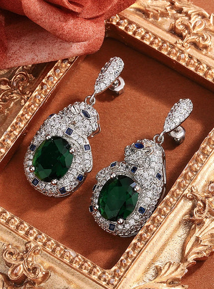 925 Silver Plated Leopard Earrings With Shiny Green Zircon