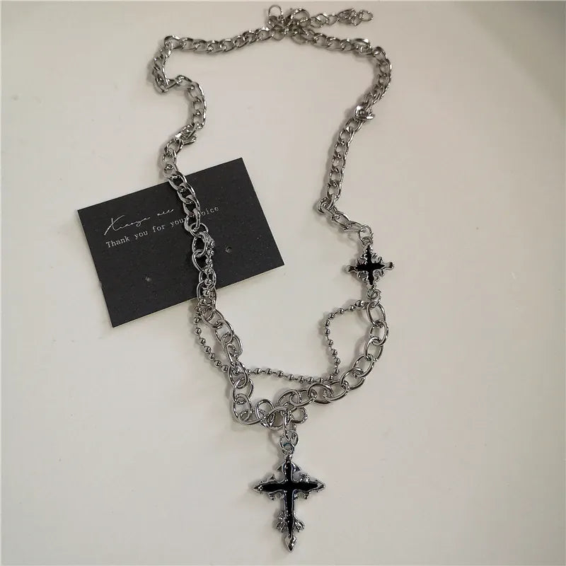 KissICON 3 Punk Rock Black Heart Cross Pendant Chain Necklace For Men Women Cool Hip Hop Street Vintage 90s Y2K Grunge Goth Accessories
