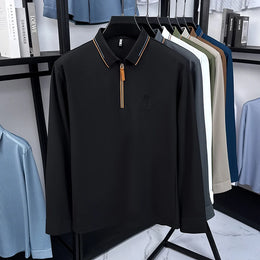 Men's Cotton Long Sleeved T-shirt with Collar Polo Shirt High-end Embroidered Top Autumn Loose Base Shirt