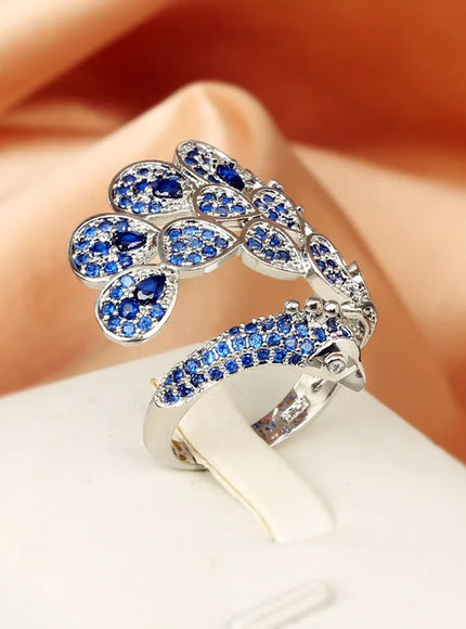 Creative Peacock 925 Silver Plated Ring for Women Bright Blue AAAA Zircon Open Adjustable Jewelry Silver Jewelry Wedding Ring