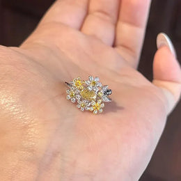 KissICON Silver / resizable Yellow Diamond Small Floral Ring Luxurious and High-end Feel Open Index Finger Ring Simple Socialite Style Jewelry Accessories
